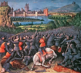 Fr 5594, f.37v Scena di battaglia, dai Passages faits Outremer scritto da Sebastian Marmoret, c.1490